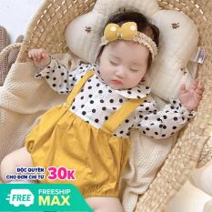 Body dài tay cho bé sơ sinh bé gái, body yếm chấm bi kèm tuban cài đầu cho bé từ sơ sinh đến 1 tuổi