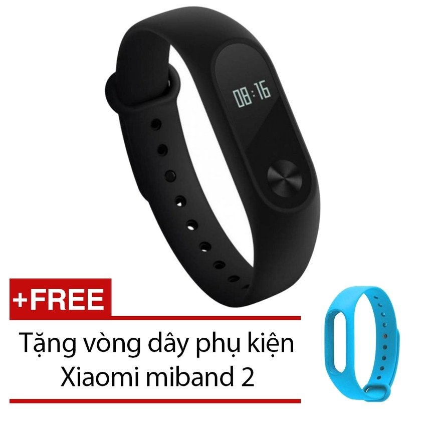 Vòng đeo tay Xiaomi Miband 2 (Đen) + Tặng dây đeo Xiaomi Miband 2 (Xanh)