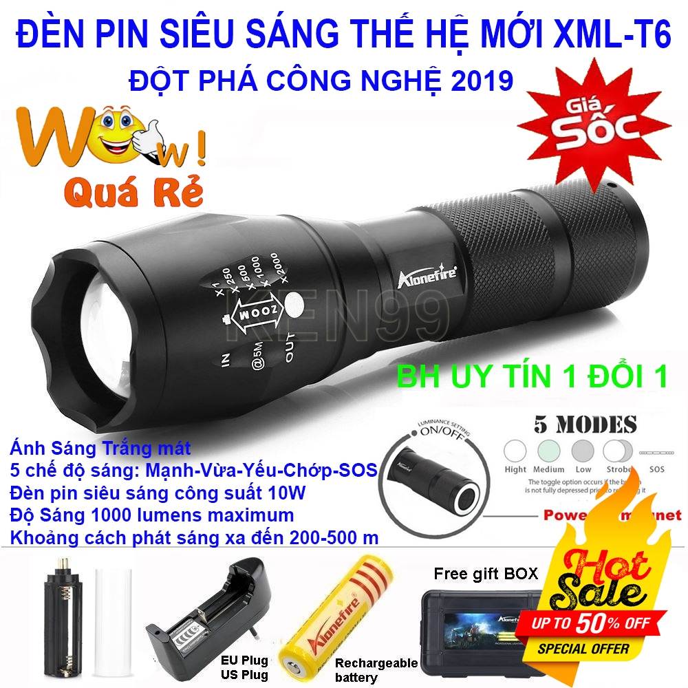 Den pin , Den pin sieu sang – CHỌN NGAY ĐÈN PIN XML-T6 SIÊU SÁNG (Loại tốt), 5 chế độ chiếu sáng; MẪU VV-339, Giảm sốc NGAY TRONG HÔM NAY 50%, Bảo hành 1 đổi 1 Sp