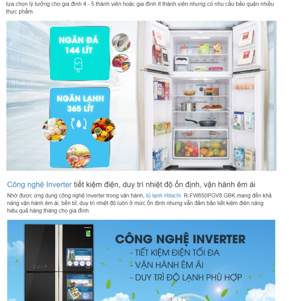 [Giao tại HCM] Tủ lạnh Hitachi Inverter 509 lít R-FW650PGV8 GBK - Tiện ích:Inverter tiết kiệm điện, Mặt gương sang...
